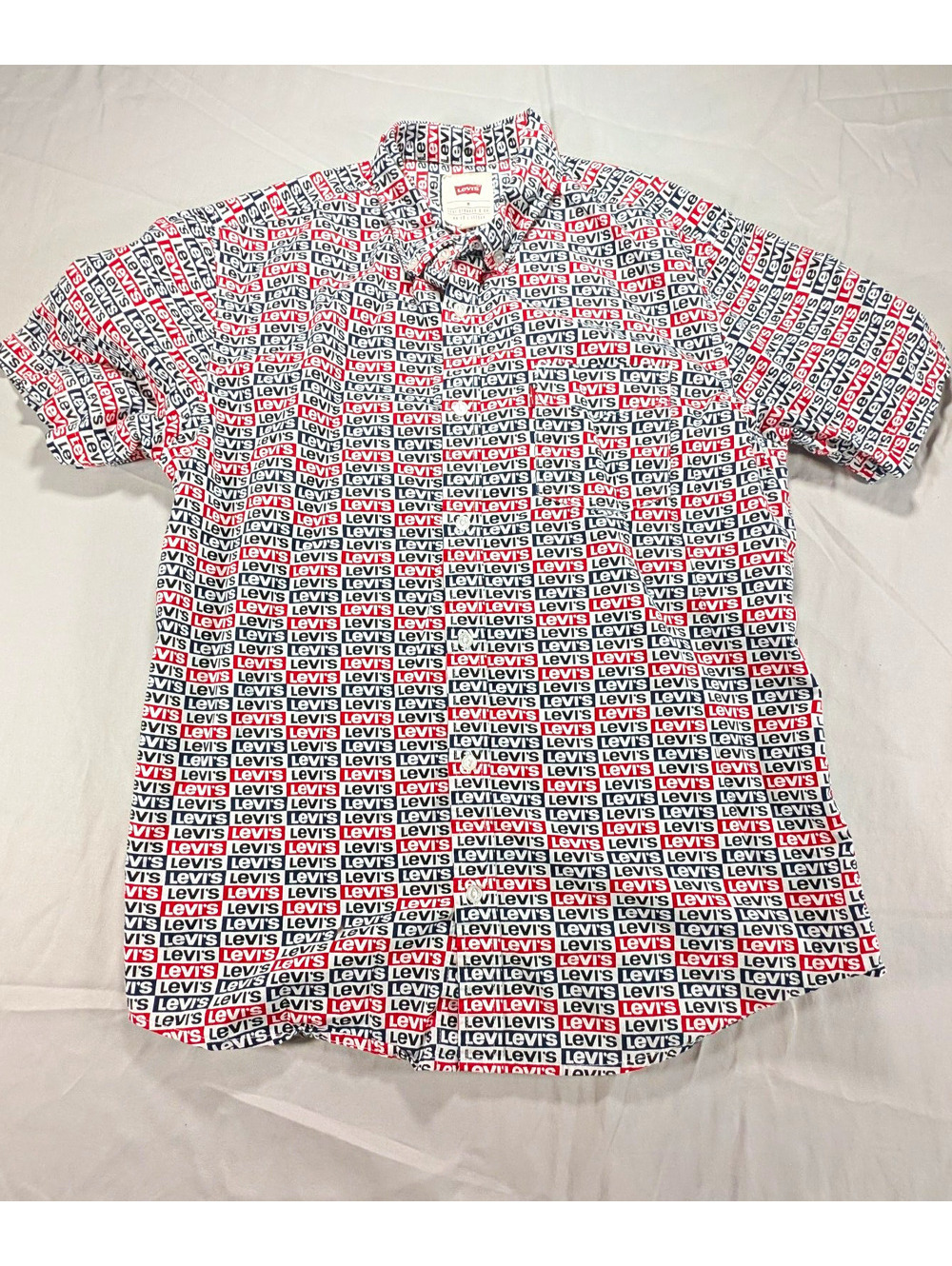 Levi's Men's M Short Sleeve Button-Up Shirt Logo Print White Red Blue Cotton
